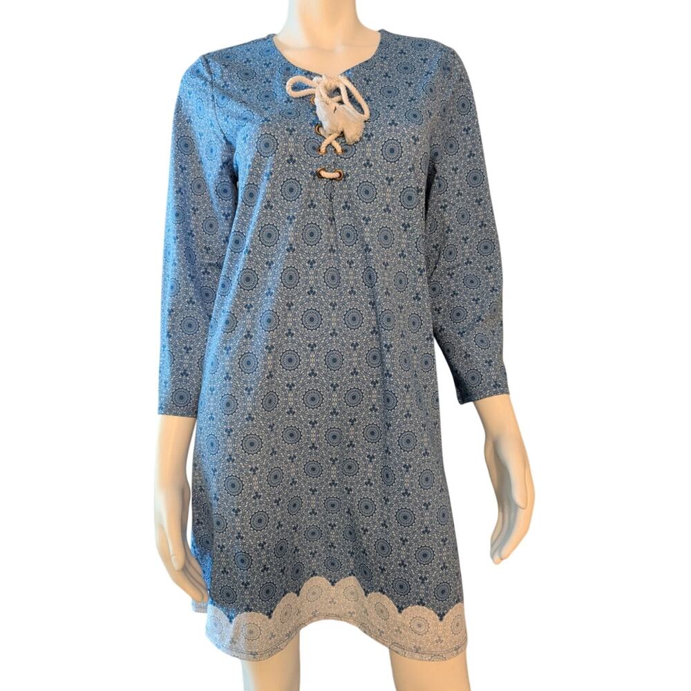 Cabana Life x Talbots Swim Cover-up Dress Blue White 3/4 Sleeves Size L UPF 50+